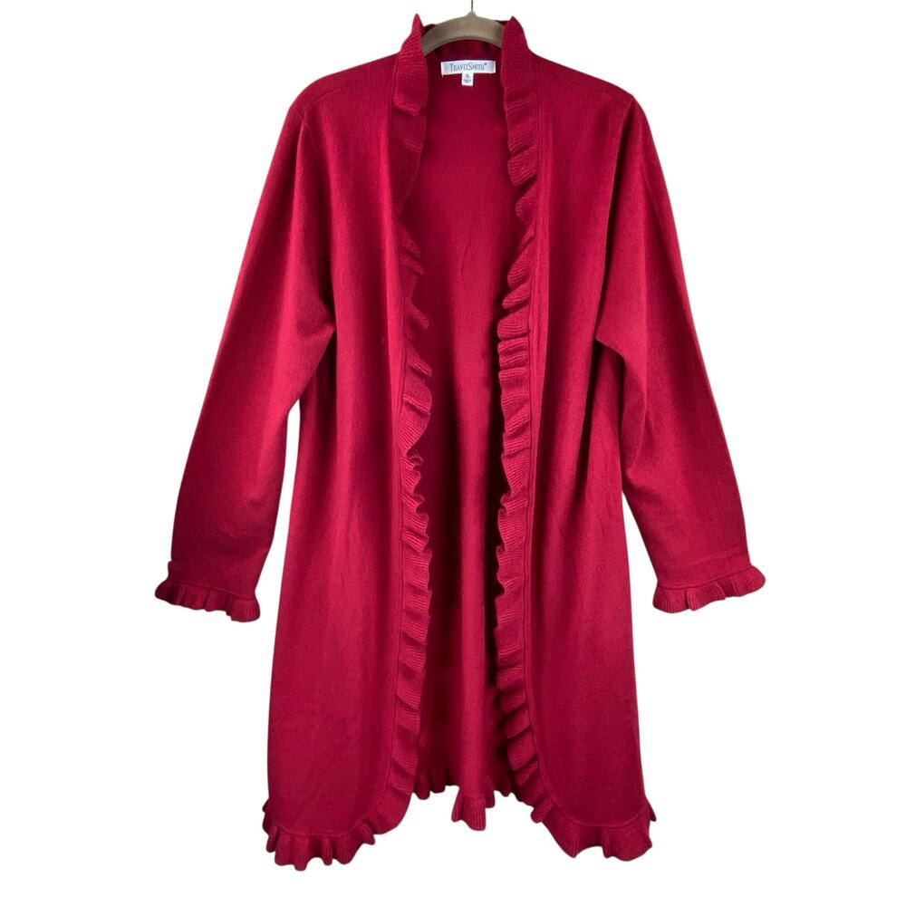 Travel Smith Long Line Ruffle Sweater Size XL Dark Red Feminine Cozy